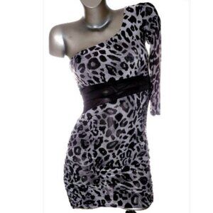 Leopard Mini Bandage Dress Bodycon One Sleeve Party Exotic Sexy Top XS